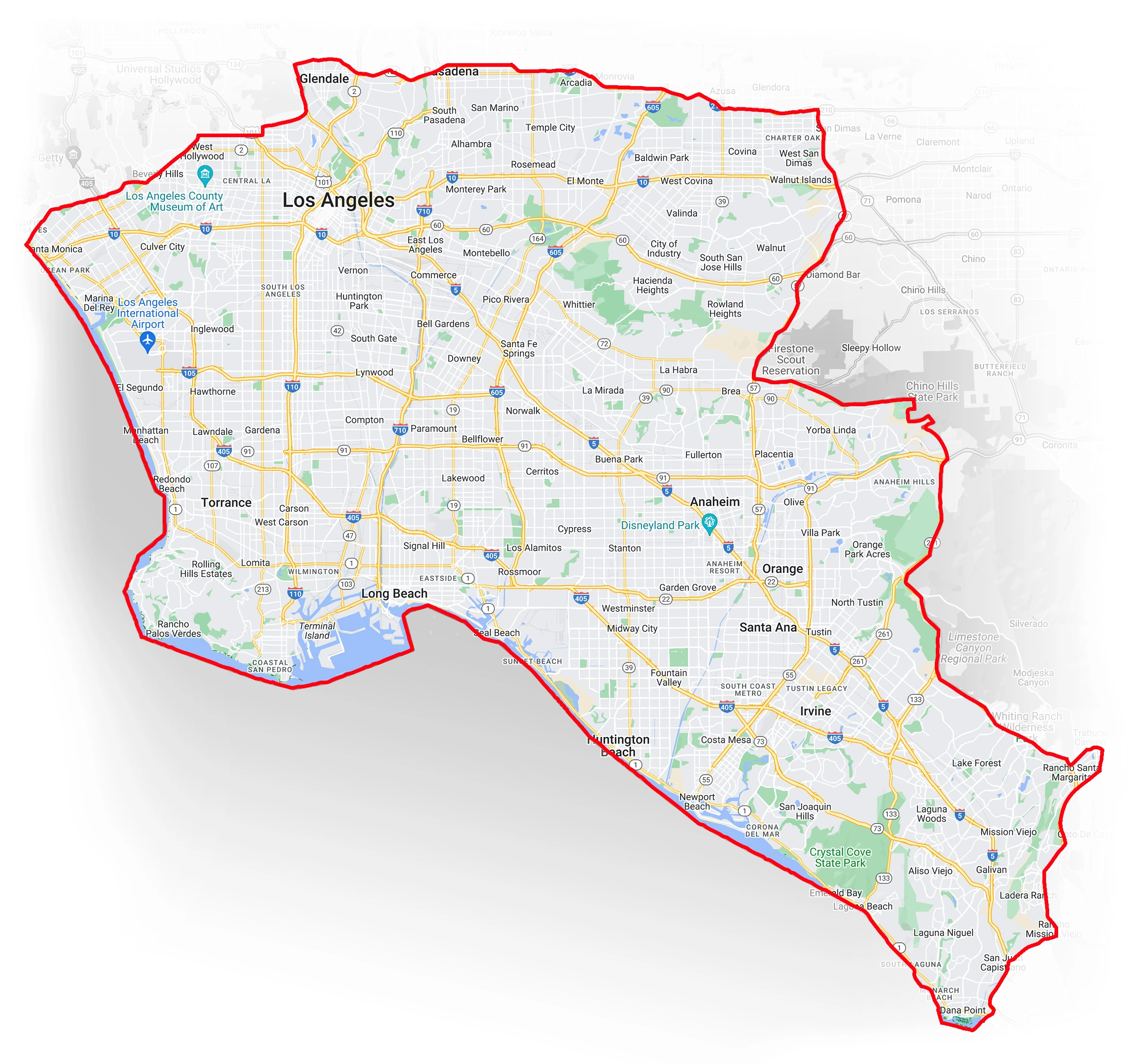Service area map for Los Angeles and Orange County